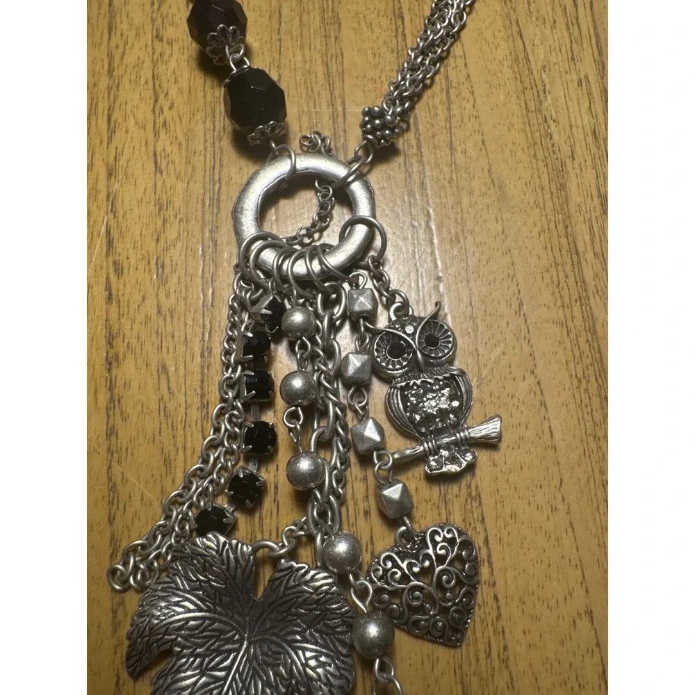 NENA Silver Tone Owl Charm Necklace Black Beads Faux Pearl Boho Tassel 22in